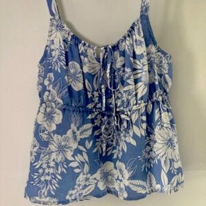 C&C California Blouse Top Size M Blue Floral 100% Linen Hawaiian Tank Tie Front